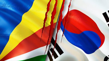 Seyşeller ve Güney Kore bayrakları yara izi konseptiyle. Dalgalanan bayrak, 3 boyutlu görüntüleme. Seyşeller ve Güney Kore çatışma konsepti. Seyşeller Güney Kore ilişkileri kavramı. Seyşeller ve Sout bayrağı