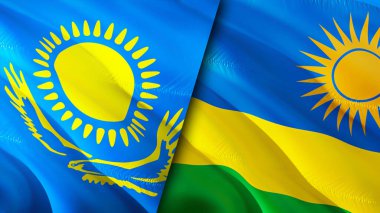 Kazakistan ve Ruanda bayrakları. 3 boyutlu dalgalanan bayrak tasarımı. Kazakistan Ruanda bayrağı, resim, duvar kağıdı. Kazakistan, Ruanda imajına karşı, 3D görüntüleme. Kazakistan Rwanda ilişkileri ittifak ve ticaret, seyahat, turnuva