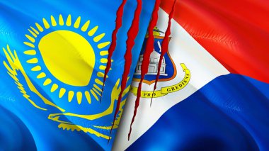 Kazakistan ve Sint Maarten yara izi olan bayraklar. Dalgalanan bayrak, 3 boyutlu görüntüleme. Kazakistan ve Sint Maarten çatışma konsepti. Kazakistan Sint Maarten ilişkileri kavramı. Kazakistan ve Günah bayrağı