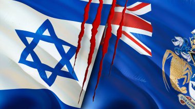 İsrail ve Tristan da Cunha yara izi olan bayraklar. Dalgalanan bayrak, 3 boyutlu görüntüleme. İsrail ve Tristan da Cunha çatışma konsepti. İsrail Tristan da Cunha ilişkileri kavramı. İsrail ve Tristan bayrağı