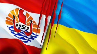 Fransız Polinezyası ve yara izi olan Ukrayna bayrakları. Dalgalanan bayrak, 3 boyutlu görüntüleme. Fransız Polinezyası ve Ukrayna çatışma konsepti. Fransız Polinezya Ukrayna ilişkileri kavramı. Fransız Polynesi bayrağı