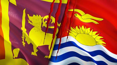Yara izi olan Sri Lanka ve Kiribati bayrakları. Dalgalanan bayrak, 3 boyutlu görüntüleme. Sri Lanka ve Kiribati çatışma konsepti. Sri Lanka Kiribati ilişkileri kavramı. Sri Lanka bayrağı ve Kiribati krizi, savaş