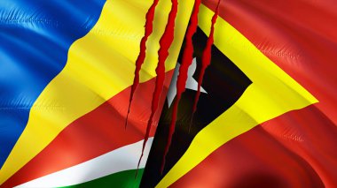 Seyşeller ve yara izi olan Doğu Timor bayrakları. Dalgalanan bayrak, 3 boyutlu görüntüleme. Seyşeller ve Doğu Timor çatışma konsepti. Seyşeller Doğu Timor ilişkileri kavramı. Seyşeller ve Doğu Timo bayrağı