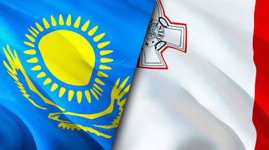 Kazakistan ve Malta bayrakları. 3 boyutlu dalgalanan bayrak tasarımı. Kazakistan Malta bayrağı, resim, duvar kağıdı. Kazakistan, Malta görüntüsüne karşı, 3D görüntüleme. Kazakistan Malta ilişkileri ittifak ve ticaret, seyahat, turnuva