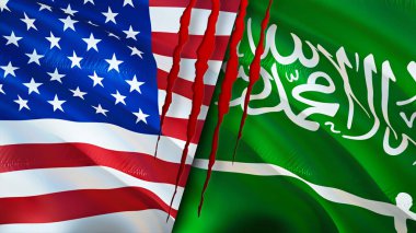 ABD ve Suudi Arabistan yara izi kavramına sahip bayraklar. Dalgalanan bayrak, 3 boyutlu görüntüleme. ABD ve Suudi Arabistan çatışma konsepti. ABD Suudi Arabistan ilişkileri kavramı. ABD ve Suudi Arabistan bayrağı krizi, savaş, attac