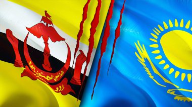 Brunei ve Kazakistan yara izi olan bayraklar. Dalgalanan bayrak, 3 boyutlu görüntüleme. Brunei ve Kazakistan çatışma konsepti. Brunei Kazakistan ilişkileri kavramı. Brunei ve Kazakistan bayrağı krizi, savaş, attac