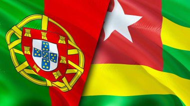 Portekiz ve Togo bayrakları. 3 boyutlu dalgalanan bayrak tasarımı. Portekiz Togo bayrağı, resim, duvar kağıdı. Portekiz, Togo 'ya karşı, görüntü 3 boyutlu. Portekiz Togo ilişkileri ittifak ve ticaret, seyahat, turizm konsepti
