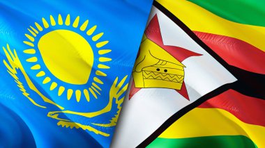 Kazakistan ve Zimbabwe bayrakları. 3 boyutlu dalgalanan bayrak tasarımı. Kazakistan Zimbabwe bayrağı, resim, duvar kağıdı. Kazakistan, Zimbabwe 'ye karşı, görüntü 3 boyutlu. Kazakistan Zimbabve ilişkiler ittifakı