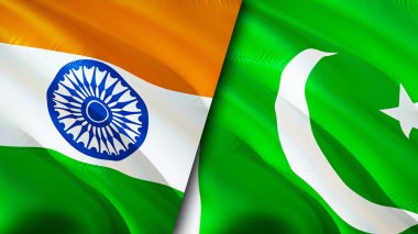 Hindistan ve Pakistan bayrakları. 3 boyutlu dalgalanan bayrak tasarımı. Hindistan Pakistan bayrağı, resim, duvar kağıdı. Hindistan, Pakistan 'a karşı, görüntü 3 boyutlu. Hindistan Pakistan ilişkileri ittifak ve ticaret, seyahat, turizm konsepti