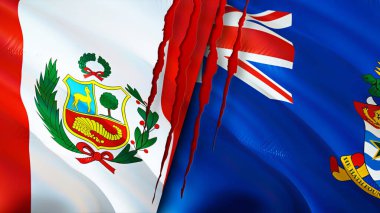 Peru ve Cayman Adaları yara izi olan bayraklar. Dalgalanan bayrak, 3 boyutlu görüntüleme. Peru ve Cayman Adaları çatışma konsepti. Peru Cayman Adaları ilişkileri kavramı. Peru ve Cayman Adaları bayrağı