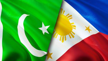 Pakistan ve Filipinler bayrakları. 3 boyutlu dalgalanan bayrak tasarımı. Pakistan Filipin bayrağı, resim, duvar kağıdı. Pakistan, Filipinler 'e karşı, görüntü 3 boyutlu. Pakistan Filipinler ilişkileri bir ittifak
