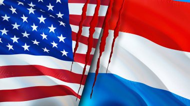 ABD ve Lüksemburg bayrakları ve yara izi konsepti. Dalgalanan bayrak, 3 boyutlu görüntüleme. ABD ve Lüksemburg çatışma konsepti. ABD Lüksemburg ilişkileri kavramı. ABD ve Lüksemburg bayrağı krizi, savaş, saldırı konsepti