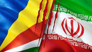 Seyşeller ve İran bayrakları yara izi konseptiyle. Dalgalanan bayrak, 3 boyutlu görüntüleme. Seyşeller ve İran çatışma konsepti. Seyşeller İran ilişkileri kavramı. Seyşel bayrağı ve İran krizi, savaş, saldırı konsepti