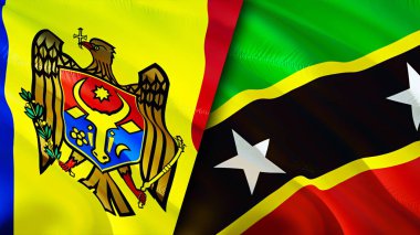 Moldova, Saint Kitts ve Nevis bayrakları. 3 boyutlu dalgalanan bayrak tasarımı. Moldova Saint Kitts ve Nevis bayrağı, resim, duvar kağıdı. Moldova, Saint Kitts ve Nevis 'e karşı, görüntü 3 boyutlu. Moldova Saint Kitts an