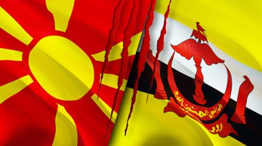 Yara izi kavramına sahip Kuzey Makedonya ve Brunei bayrakları. Dalgalanan bayrak, 3 boyutlu görüntüleme. Kuzey Makedonya ve Brunei çatışma konsepti. Kuzey Makedonya Brunei ilişkileri kavramı. Kuzey Makedonya bayrağı