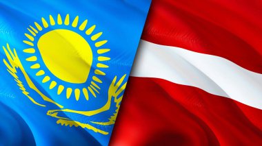 Kazakistan ve Letonya bayrakları. 3 boyutlu dalgalanan bayrak tasarımı. Kazakistan Letonya bayrağı, resim, duvar kağıdı. Kazakistan Letonya 'ya karşı, görüntü 3 boyutlu. Kazakistan Letonya ilişkileri ittifak ve ticaret, seyahat, turnuva