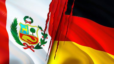 Peru ve Almanya yara izi kavramına sahip bayraklar. Dalgalanan bayrak, 3 boyutlu görüntüleme. Peru ve Almanya çatışma konsepti. Peru Almanya ilişkileri kavramı. Peru ve Almanya bayrağı kriz, savaş, saldırı konsepti