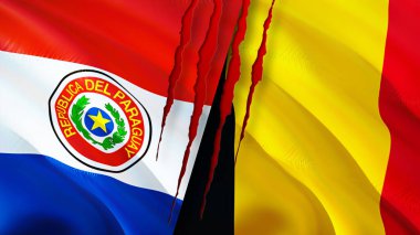 Paraguay ve Belçika bayrakları ve yara izi konsepti. Dalgalanan bayrak, 3 boyutlu görüntüleme. Paraguay ve Belçika çatışma konsepti. Paraguay Belçika ilişkileri kavramı. Paraguay bayrağı ve Belçika krizi, savaş, attac
