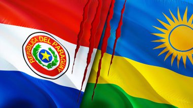 Paraguay ve Rwanda bayrakları ve yara izi konsepti. Dalgalanan bayrak, 3 boyutlu görüntüleme. Paraguay ve Ruanda çatışma konsepti. Paraguay Rwanda ilişkileri kavramı. Paraguay bayrağı ve Ruanda krizi, savaş, saldırı konsepti