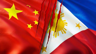 Yara izi olan Çin ve Filipinler bayrakları. Dalgalanan bayrak, 3 boyutlu görüntüleme. Çin ve Filipinler çatışması konsepti. Çin Filipinler ilişkileri kavramı. Çin ve Filipinler bayrağı krizi, savaş, attac