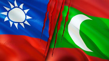 Tayvan ve Maldivler yara izi olan bayraklar. Dalgalanan bayrak, 3 boyutlu görüntüleme. Tayvan ve Maldivler çatışma konsepti. Tayvan Maldivler ilişkileri kavramı. Tayvan ve Maldivler bayrağı krizi, savaş, saldırı konsepti