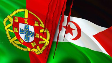 Portekiz ve Batı Sahra bayraklarında yara izi var. Dalgalanan bayrak, 3 boyutlu görüntüleme. Portekiz ve Batı Sahra çatışma konsepti. Portekiz Batı Sahra ilişkileri kavramı. Portekiz ve Wester bayrağı