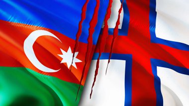 Azerbaycan ve Faroe Adaları yara izi olan bayraklar. Dalgalanan bayrak, 3 boyutlu görüntüleme. Azerbaycan ve Faroe Adaları çatışma konsepti. Azerbaycan Faroe Adaları ilişkileri kavramı. Azerbaycan bayrağı