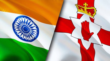 Hindistan ve Kuzey İrlanda bayrakları. 3 boyutlu dalgalanan bayrak tasarımı. Hindistan Kuzey İrlanda bayrağı, resim, duvar kağıdı. Hindistan, Kuzey İrlanda 'ya karşı, görüntü 3D. Hindistan Kuzey İrlanda ilişkileri
