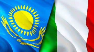 Kazakistan ve İtalya bayrakları. 3 boyutlu dalgalanan bayrak tasarımı. Kazakistan İtalya bayrağı, resim, duvar kağıdı. Kazakistan İtalya 'ya karşı, görüntü 3 boyutlu. Kazakistan İtalya ilişkileri ittifak ve ticaret, seyahat, turnuva