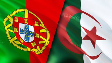 Portekiz ve Cezayir bayrakları. 3 boyutlu dalgalanan bayrak tasarımı. Portekiz Cezayir bayrağı, resim, duvar kağıdı. Portekiz Cezayir 'e karşı, görüntü 3D. Portekiz Cezayir ilişkileri ittifak ve ticaret, seyahat, turnuva
