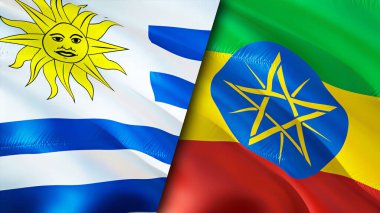 Uruguay ve Etiyopya bayrakları. 3 boyutlu dalgalanan bayrak tasarımı. Uruguay Etiyopya bayrağı, resim, duvar kağıdı. Uruguay Etiyopya 'ya karşı, görüntü 3 boyutlu. Uruguay Etiyopya ilişkileri ittifak ve ticaret, seyahat, turnuva