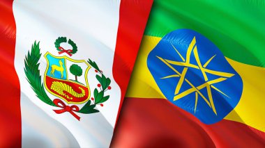Peru ve Etiyopya bayrakları. 3 boyutlu dalgalanan bayrak tasarımı. Peru Etiyopya bayrağı, resim, duvar kağıdı. Peru, Etiyopya 'ya karşı, görüntü 3 boyutlu. Peru Etiyopya ilişkileri ittifak ve ticaret, seyahat, turizm konsepti