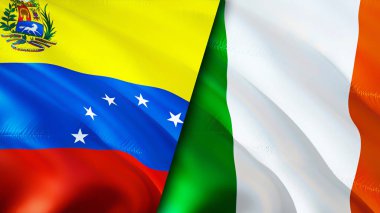 Venezuela ve İrlanda bayrakları. 3 boyutlu dalgalanan bayrak tasarımı. Venezuela İrlanda bayrağı, resim, duvar kağıdı. Venezuela, İrlanda 'ya karşı, görüntü 3D. Venezuela İrlanda ilişkileri ittifak ve ticaret, seyahat, turnuva