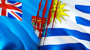 Fiji ve Uruguay yara izi olan bayraklar. Dalgalanan bayrak, 3 boyutlu görüntüleme. Fiji ve Uruguay çatışma konsepti. Fiji Uruguay ilişkileri kavramı. Fiji ve Uruguay bayrağı krizi, savaş, saldırı konsepti
