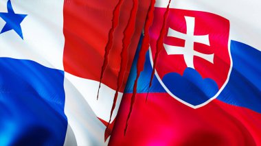 Panama ve Slovakya yara izi olan bayraklar. Dalgalanan bayrak, 3 boyutlu görüntüleme. Panama ve Slovakya çatışma konsepti. Panama Slovakya ilişkileri kavramı. Panama ve Slovakya bayrağı krizi, savaş, saldırı konsepti