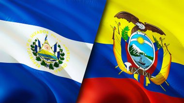 El Salvador ve Ekvador bayrakları. 3 boyutlu dalgalanan bayrak tasarımı. El Salvador Ekvador bayrağı, resim, duvar kağıdı. El Salvador Ekvador 'a karşı, görüntü 3 boyutlu. El Salvador Ekvador ilişkileri savaş ittifakı