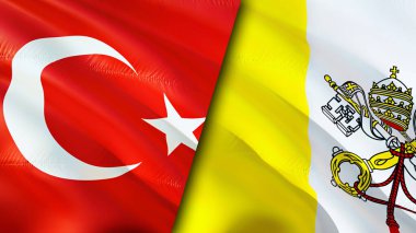Hindi ve Vatikan bayrakları. 3 boyutlu dalgalanan bayrak tasarımı. Hindi Vatikan bayrağı, resim, duvar kağıdı. Türkiye, Vatikan 'a karşı, görüntü 3D. Türkiye Vatikan ilişkileri ittifak ve ticaret, seyahat, turizm konsepti