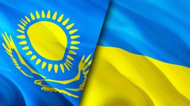 Kazakistan ve Ukrayna bayrakları. 3 boyutlu dalgalanan bayrak tasarımı. Kazakistan Ukrayna bayrağı, resim, duvar kağıdı. Kazakistan, Ukrayna imajına karşı, 3D görüntüleme. Kazakistan Ukrayna ilişkileri ittifakı