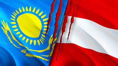 Kazakistan ve Avusturya yara izi kavramına sahip bayraklar. Dalgalanan bayrak, 3 boyutlu görüntüleme. Kazakistan ve Avusturya çatışma konsepti. Kazakistan Avusturya ilişkileri kavramı. Kazakistan bayrağı ve Avusturya krizi, savaş
