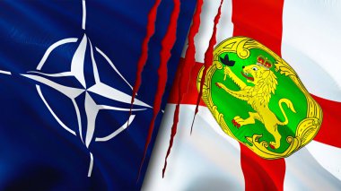 Yara izi olan NATO ve Alderney bayrakları. Dalgalanan bayrak, 3 boyutlu görüntüleme. Alderney ve NATO çatışma konsepti. NATO Alderney ilişkileri kavramı. NATO ve Alderney krizi bayrağı, savaş, saldırı konsepti