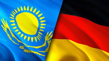 Kazakistan ve Almanya bayrakları. 3 boyutlu dalgalanan bayrak tasarımı. Kazakistan Almanya bayrağı, resim, duvar kağıdı. Kazakistan Almanya 'ya karşı, görüntü 3 boyutlu. Kazakistan Almanya ittifakı