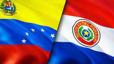 Venezuela ve Paraguay bayrakları. 3 boyutlu dalgalanan bayrak tasarımı. Venezuela Paraguay bayrağı, resim, duvar kağıdı. Venezuela, Paraguay 'a karşı, görüntü 3 boyutlu. Venezuela Paraguay ilişkileri
