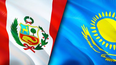 Peru ve Kazakistan bayrakları. 3 boyutlu dalgalanan bayrak tasarımı. Peru Kazakistan bayrağı, resim, duvar kağıdı. Peru Kazakistan 'a karşı, görüntü 3 boyutlu. Peru Kazakistan ilişkileri ittifak ve ticaret, seyahat, turizm konsepti