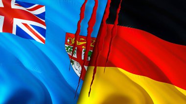 Fiji ve Almanya yara izi olan bayraklar. Dalgalanan bayrak, 3 boyutlu görüntüleme. Fiji ve Almanya çatışma konsepti. Fiji Almanya ilişkileri kavramı. Fiji ve Almanya bayrağı kriz, savaş, saldırı konsepti