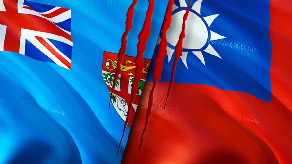 Fiji and Taiwan flags with scar concept. Waving flag,3D rendering. Fiji and Taiwan conflict concept. Fiji Taiwan relations concept. flag of Fiji and Taiwan crisis,war, attack concep