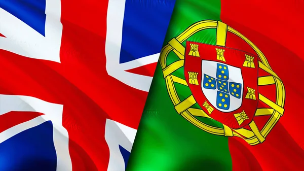 Ngiltere Portekiz Bayrakları Boyutlu Dalgalanan Bayrak Tasarımı Birleşik Krallık Portekiz — Stok fotoğraf