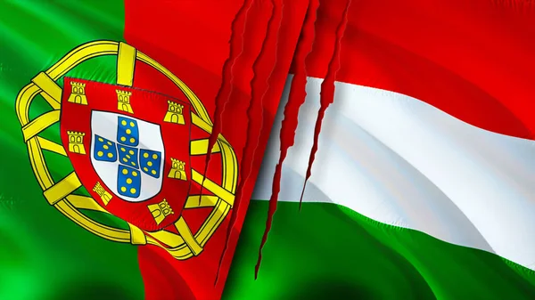 Portogallo Ungheria Bandiere Con Concetto Cicatrice Bandiera Sventolante Rendering Portogallo — Foto Stock