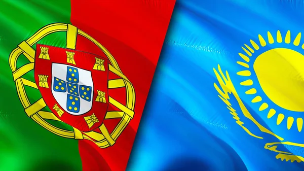 Portugal and Kazakhstan flags. 3D Waving flag design. Portugal Kazakhstan flag, picture, wallpaper. Portugal vs Kazakhstan image,3D rendering. Portugal Kazakhstan relations alliance an