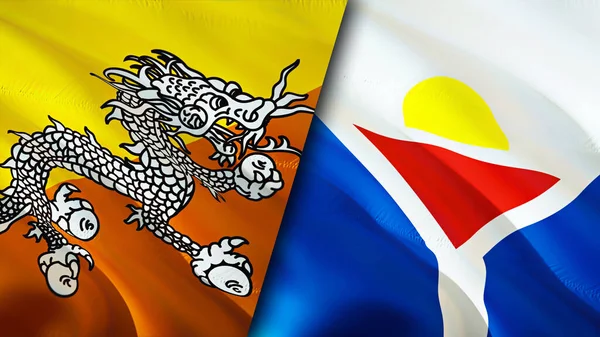 Bhutan and Saint Martin flags. 3D Waving flag design. Bhutan Saint Martin flag, picture, wallpaper. Bhutan vs Saint Martin image,3D rendering. Bhutan Saint Martin relations alliance an