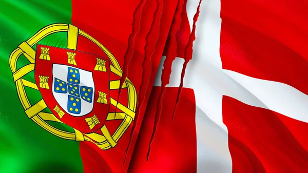 Portekiz Danimarka Bayraklarında Yara Izi Var Dalgalanan Bayrak Boyutlu Görüntüleme — Stok fotoğraf